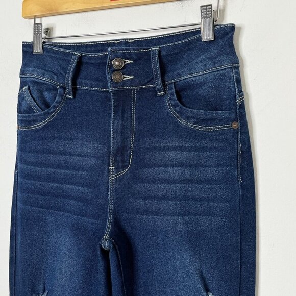 Sweet Look Women's Flare Jeans 7 Tall Bell Bottom Distressed Dark Wash High Rise - Picture 3 of 10